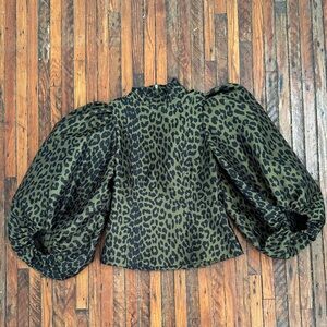 Ganni Green Leopard Print Puff Sleeve Blouse